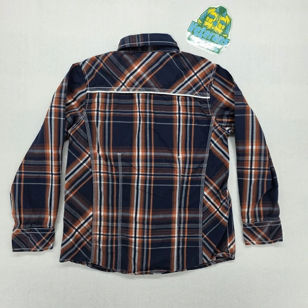 BKE Boys Blue Orange Plaid Flannel Shirt Youth Small Athletic Fit Western Y11309